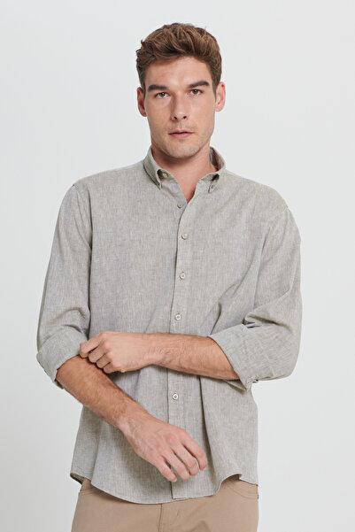 ALTINYILDIZ CLASSICS Ανδρικό πουκάμισο με γιακά με κουμπιά, ανδρικό λινό Comfort Fit, Classics, Χακί