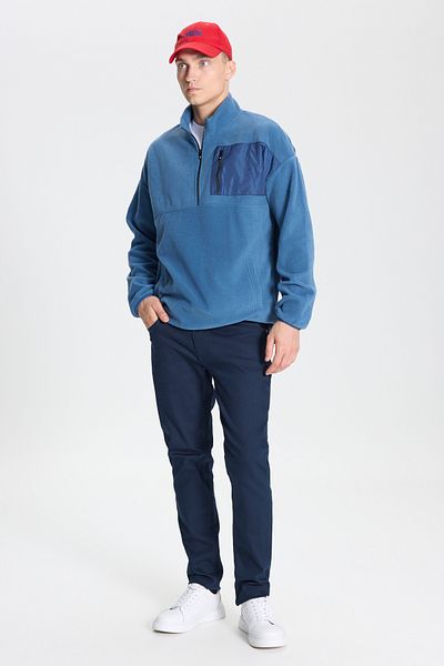 AC&Co / Altınyıldız Classics Ανδρικό φούτερ Indigo Oversize Loose Cut Stand-Up Bato με γιακά τσέπη με λεπτομερή φερμουάρ που διατηρεί ζεστό φλις φούτερ