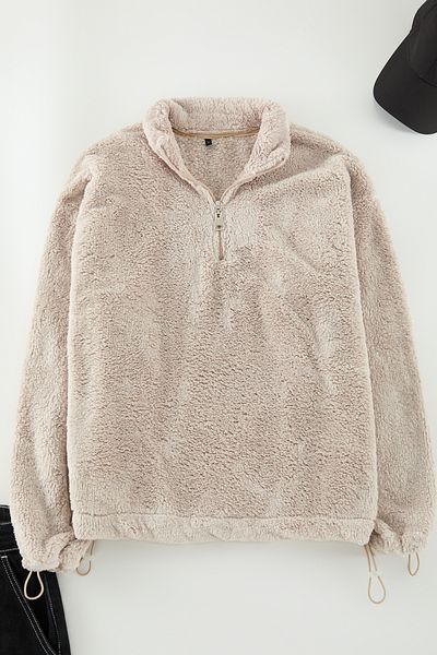 Trendyol Collection Hanorac fleece bej de pluș - croială obișnuită cu detaliu dop TMNAW22SW0618