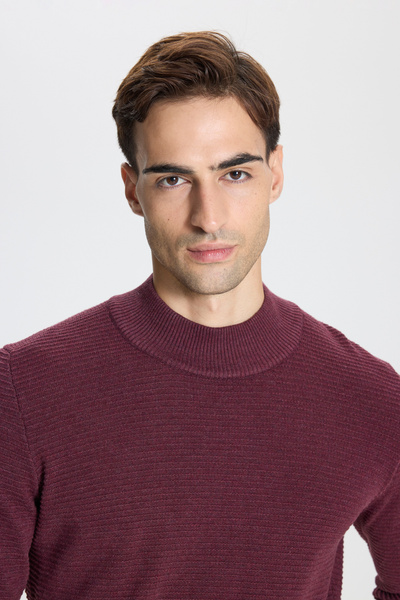 AC&Co / Altınyıldız Classics Men's Claret Red Standard Fit Half Turtleneck Cotton Patterned Knitwear Sweater