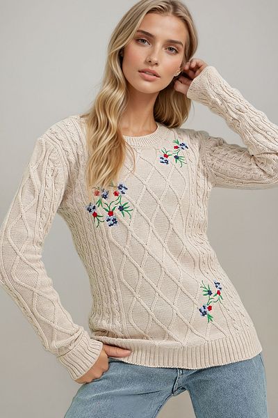 Trend Alaçatı Stili Beigefarbener Damen-Strickpullover mit Rundhalsausschnitt und Stickerei ALC-X9280