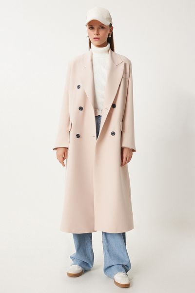 Happiness İstanbul Creme Premium gewebte Oversize-Damenjacke – Schalkragenmantel FN03381