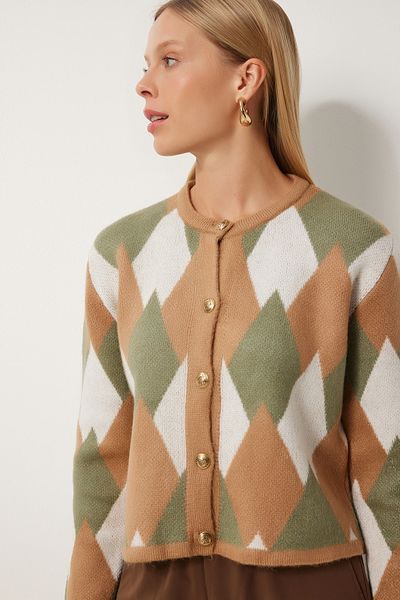 Happiness İstanbul Green Patterned Biscuit Knitwear Women's Cardigan - Us00936