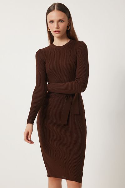 Happiness İstanbul Dunkelbraunes Lycra-Strickkleid mit Rundhalsausschnitt für Damen MT00104