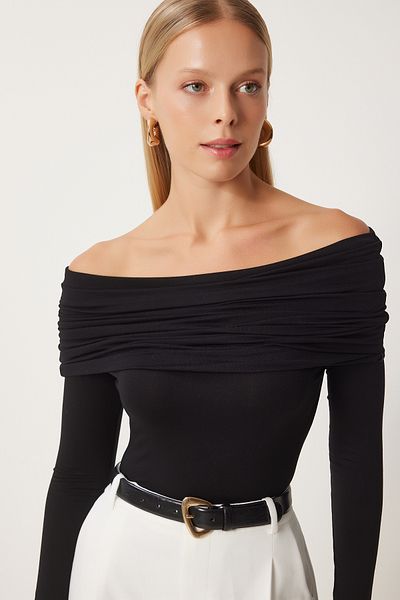Happiness İstanbul Women's Black Carmen Collar Saran Knitted Blouse Fn03380