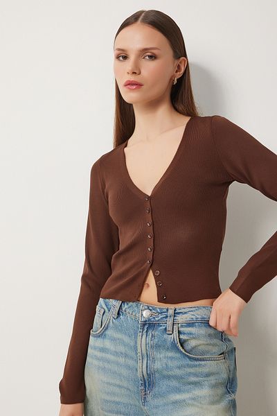 Happiness İstanbul Women's Brown V-Neck Knitwear Cardigan Fn03356
