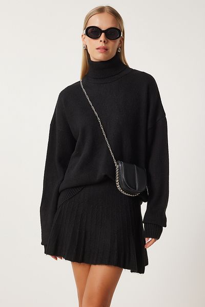 Happiness İstanbul Schwarzes Rollkragenpullover-Rock-Set für Damen DD01343