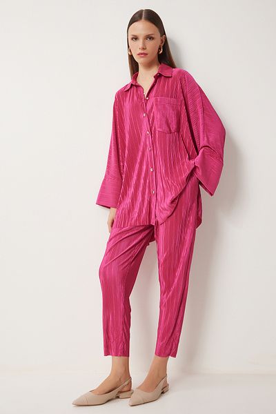 Happiness İstanbul Women's Pink Stylish Buttoned Pleated Shirt Pants Set Fn03234