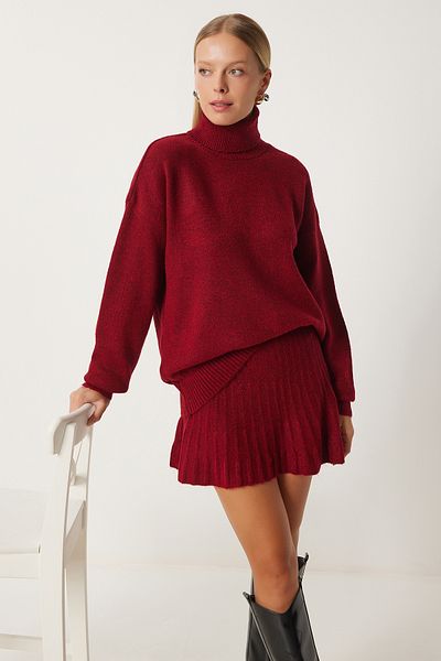Happiness İstanbul Burgunderrotes Rollkragenpullover-Rock-Set für Damen DD01343