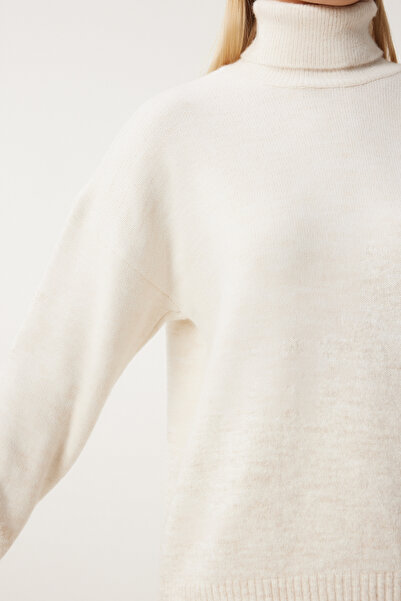 Happiness İstanbul Dámský krémový rolák pletený svetr Set sukně Dd01343