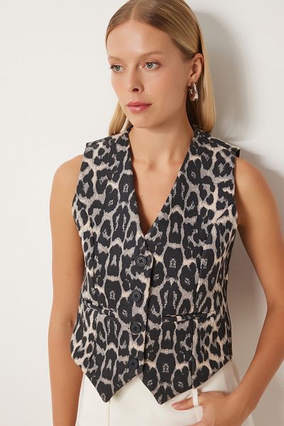 Happiness İstanbul Women's Black Gray Leopard Patterned Stamp Vest To00154