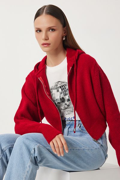 Happiness İstanbul Cardigan roșu cu glugă și fermoar pentru femei YY00203