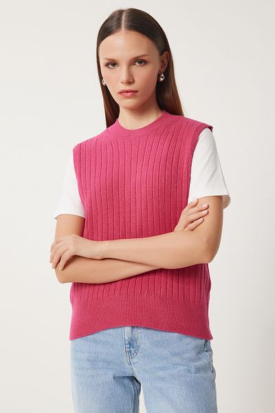 Happiness İstanbul Dunkelrosa Strickpullover mit Rundhalsausschnitt für Damen NV00073