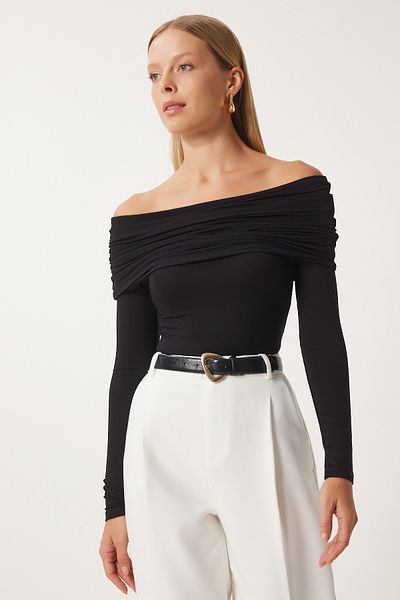 Happiness İstanbul Women's Black Carmen Collar Saran Knitted Blouse Fn03380
