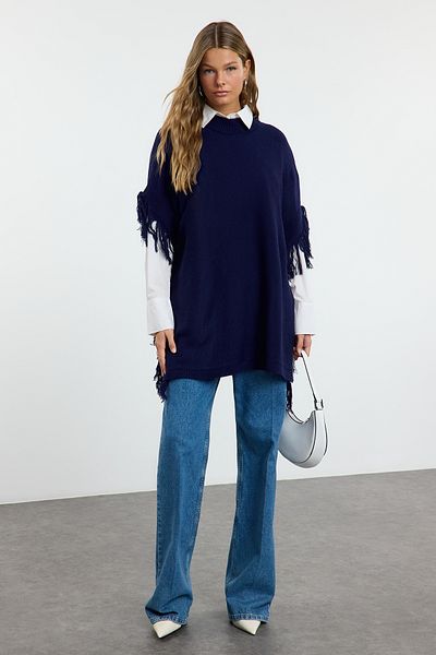 Trendyol Modest Pohodlný střih námořnicky modrý pletený svetr - pončo Tctaw25Ak00061