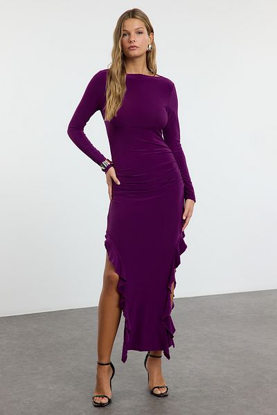 Trendyol Collection Μωβ πλεκτό φόρεμα ελαστικό μίντι μήκους - βολάν, λαιμόκοψη βάρκας TWOAW24EL00616