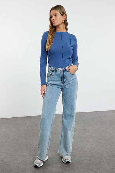 Trendyol Collection Pletené tričko Crew Neck Slim Fit Indigo - s detailem prošívání Twoaw24ts00009