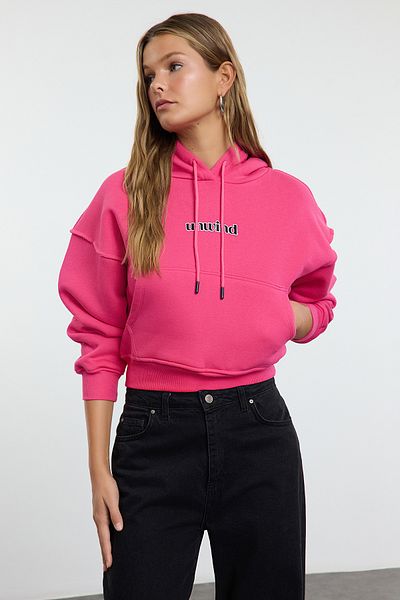 Trendyol Collection Fuchsia Slogan Fleece Oversize Crop mikina - Twoaw25Sw00182