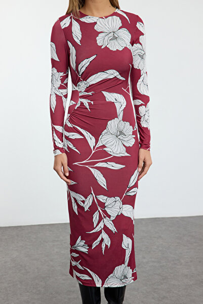 Trendyol Collection Stretchy Gather Detailed Midi Knitted Dress - Printed Twoaw25El00519