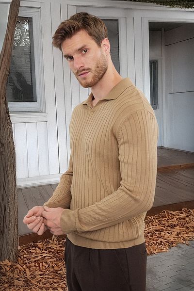 Trendyol Collection Тънък тънък пуловер с поло яка Camel Tmnaw25Kz00022