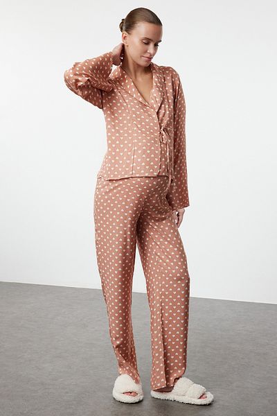 Trendyol Collection Viscose Maternity Pajamas Set - Dark Beige with Heart and Lacing Detail Thmaw22Pt0300