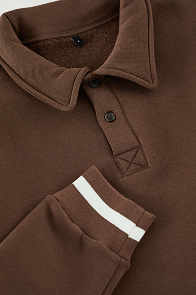 Trendyol Collection Brown Regular/Normal Cut Button Polo Neck Sweatshirt with Thick Fleece Inside Tmnaw24Sw00107