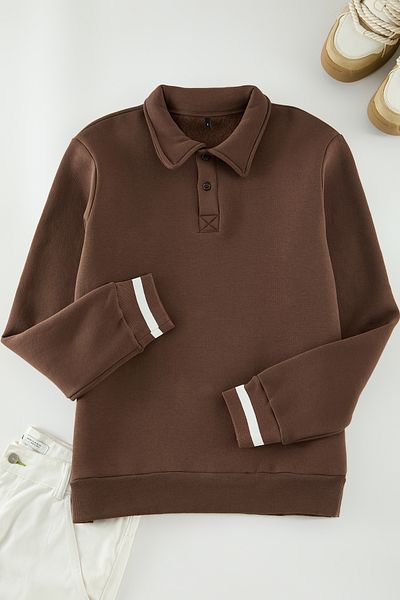 Trendyol Collection Кафяв суитшърт с поло яка - с копчета и полар, дебела вътрешна част Tmnaw24Sw00107