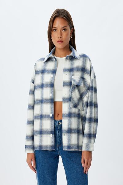 Koton Jachetă de damă în carouri albastră 5WAK50038PW