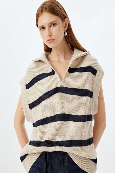 Koton Navy Blue Striped Women's Vest 5Wak20042Ht