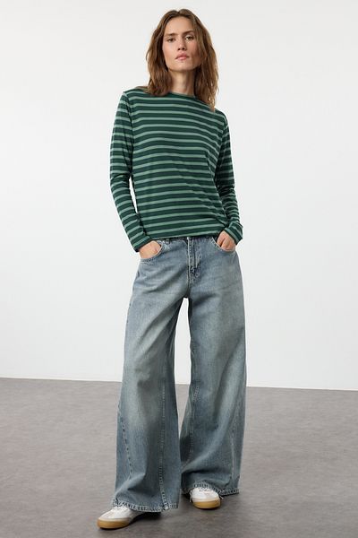 Trendyol Collection Petrol-Mint pruhované pletené tričko Crew Neck – Regular Fit Twoaw23Ts00002