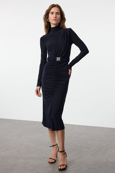 Trendyol Collection Sötétkék ceruzaruha rugalmas övvel - állógallérral, testhezálló TWOAW22EL0434