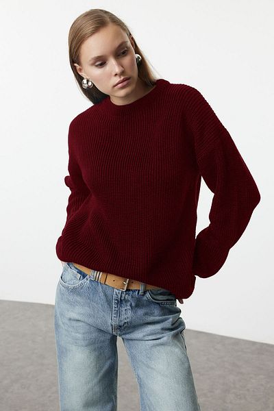 Trendyol Collection Burgundy Wide Fit Ribbed Soft Textured Knitwear Sweater Twoaw25Kz00342