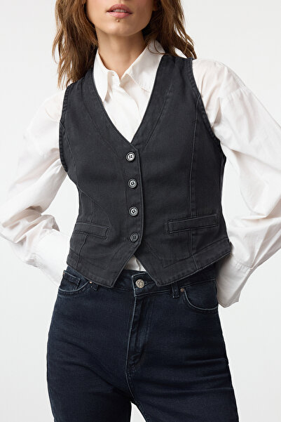 Trendyol Collection Black V-Neck Fitted Denim Vest Twoaw25Ye00094