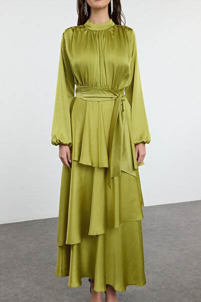 Trendyol Modest Βραδινό φόρεμα/βραδινό φόρεμα με σατέν ύφανση με λαδί πράσινη φούστα TCTSS24DB00050