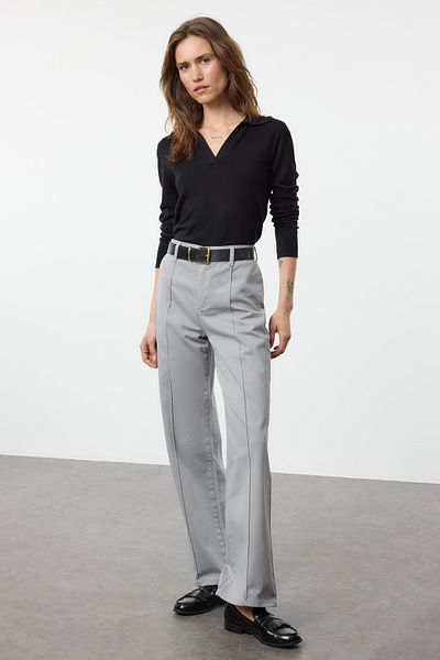 Trendyol Collection Ψηλόμεσο γκρι φαρδύ παντελόνι - Λεπτομέρεια ραφής Twoaw25Je00246