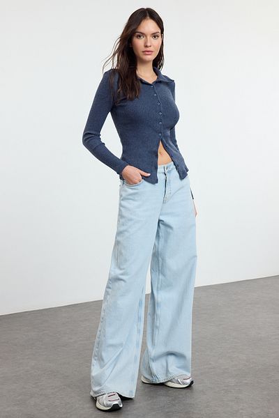 Trendyol Collection Indigo Stretch Knitted Blouse - Buttoned, Fitted Twoaw25bz00274