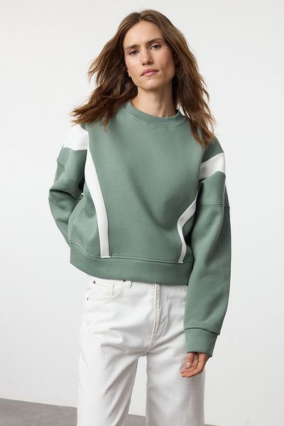 Trendyol Collection Πλεκτό φούτερ με λαιμόκοψη Mint Color Blocked - κανονική εφαρμογή Twoaw25sw00042