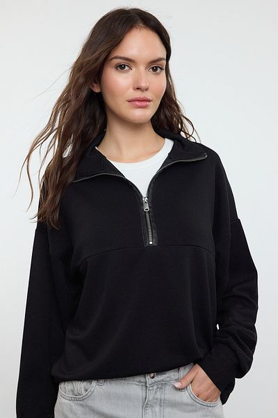 Trendyol Collection Гъвкав плетен черен голям суитшърт - яка с цип Twoaw25Sw00202