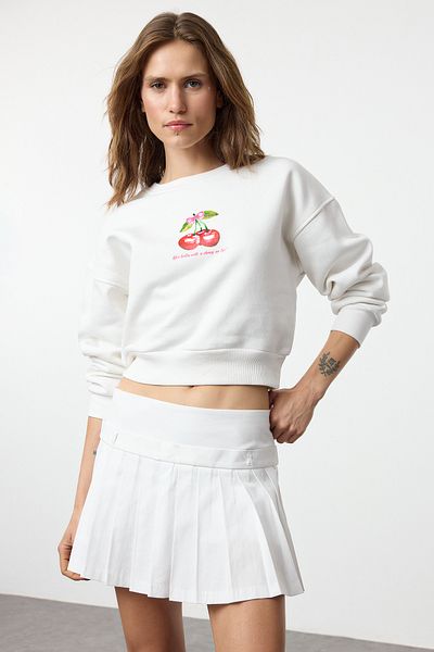 Trendyol Collection Silná pletená mikina z ecru potištěného fleecu – Regular Fit Twoaw25sw00208