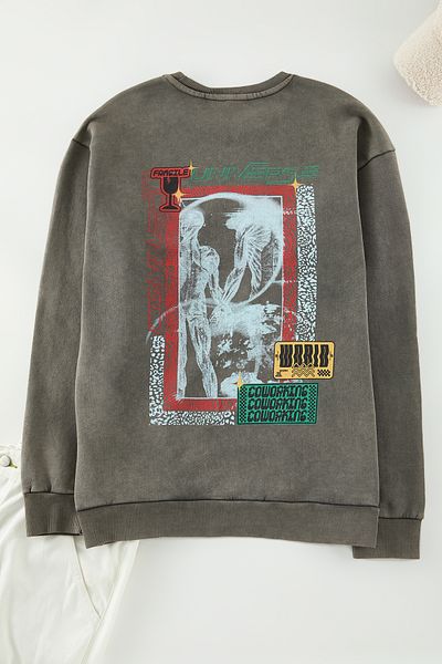 Trendyol Collection Φαρδιά εφαρμογή ταλαιπωρημένο καφέ φούτερ - ξεθωριασμένο εφέ, στάμπα στην πλάτη, 100% βαμβάκι TMNAW24SW00080