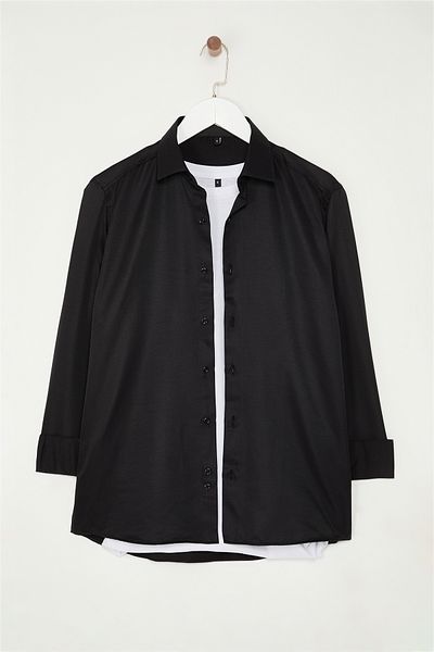 Edit by Trendyol Pánská košile – černá, Slim Fit, dlouhý rukáv, snadno žehlitelná lesklá látka Tedaw25Go00052