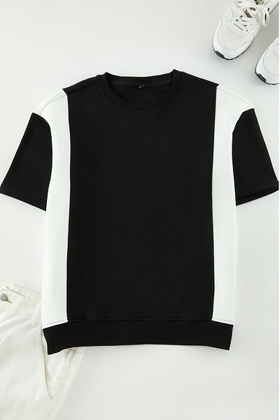 Trendyol Collection Μπλουζάκι Black-Ecru Oversize/Wide Cut Colorblock με χοντρό ράστερ εσωτερικά TMNAW25TS00015
