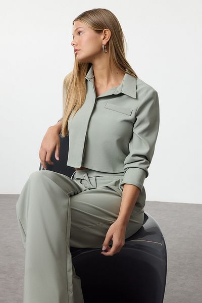 Trendyol Collection Mint Crop Woven Shirt Wide Leg/Belted Pants Set Twoaw25Au00130