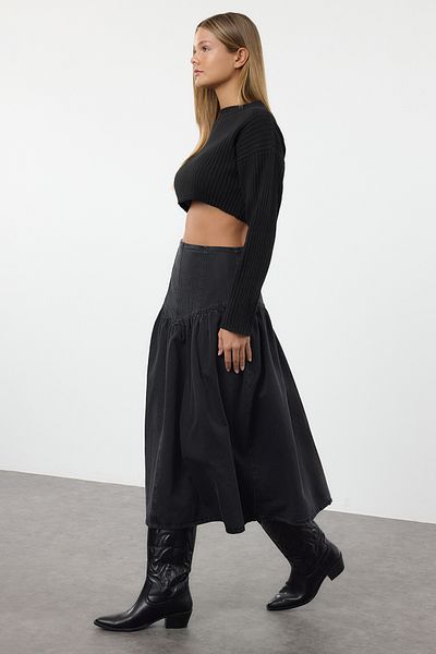 Trendyol Collection Maxi Flounced černá džínová sukně - TWOAW25ET00036