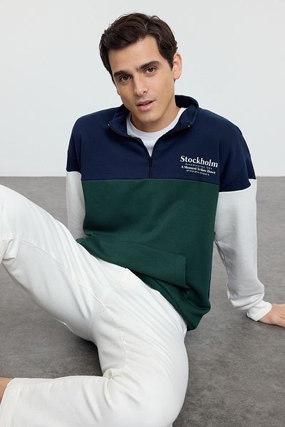 Trendyol Collection Σμαραγδένιο Πράσινο Oversize/Wide Cut Color Block Stand γιακά με φερμουάρ χωρίς ράχη φούτερ TMNAW25SW00052