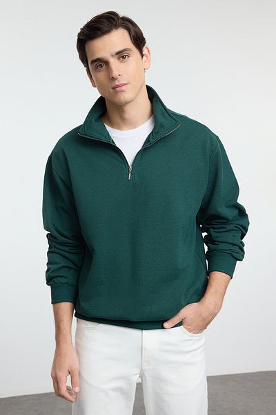 Trendyol Collection Fleecová oversize mikina se zipem smaragdová - stojáček Tmnaw25Sw00168