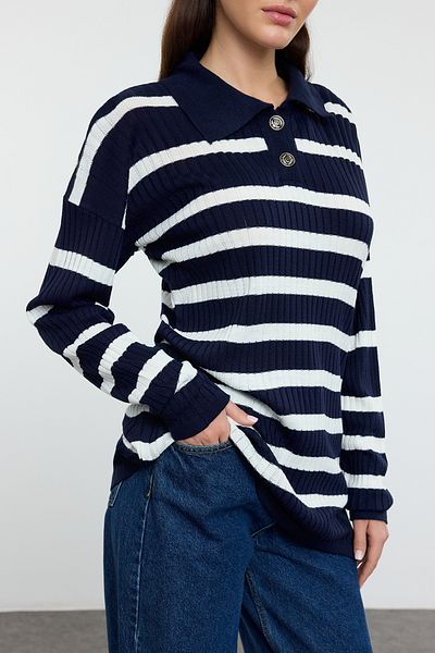 Edit by Trendyol Navy Blue Stone Striped Polo Límec Knitwear Svetr Tedaw25Ak00006