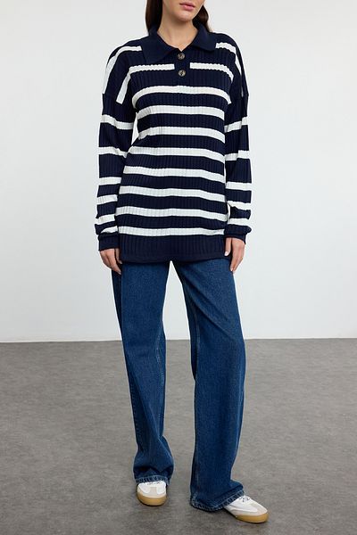 Edit by Trendyol Navy Blue Stone Striped Polo Límec Knitwear Svetr Tedaw25Ak00006