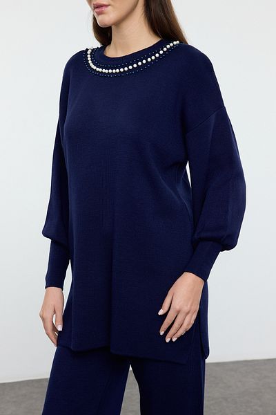 Edit by Trendyol Navy Blue Pearl Detailní svetr Kalhoty Pletený oblek Tedaw25Us00023