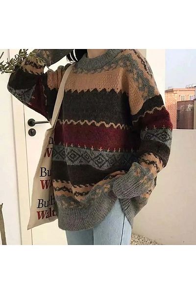 Köstebek Nálada Vintage Stripe Detail Etnický vzorovaný oversize svetr